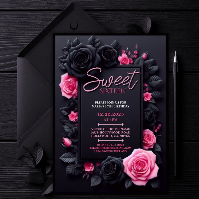 Rosa Bläsersüß 16 Geburtstagsparty Einladung (Editable Sweet 16 Invitation, Black and Pink Sweet Sixteen, Floral 16th Birthday Party Invite)