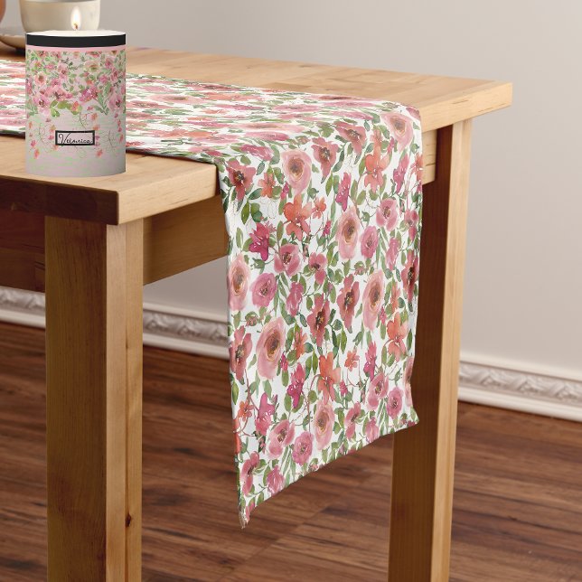 Rosa Bläserweiße Tischrunde Kurzer Tischläufer (Pink Floral White Table Runner)