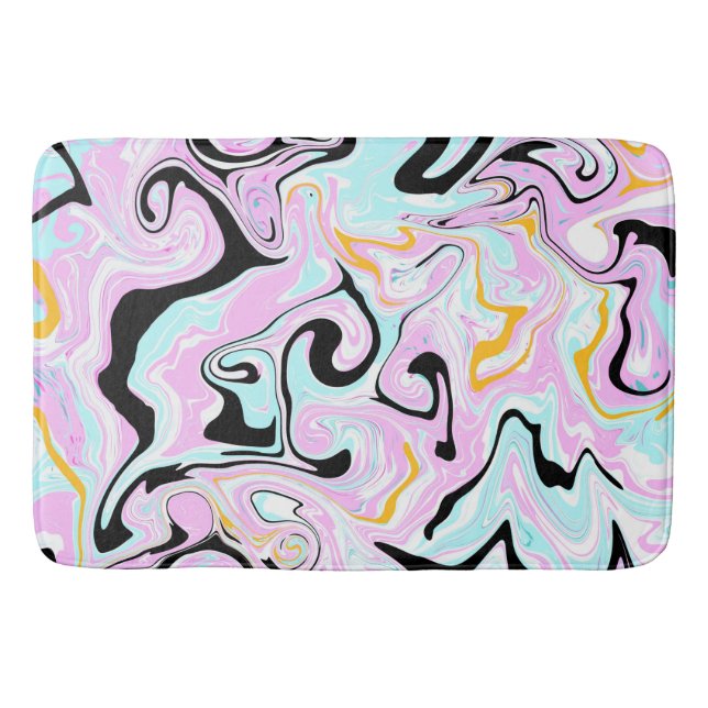 Rosa, blassblaue Schwarz und goldene Wirbel Fluid  Badematte (Vorderseite)