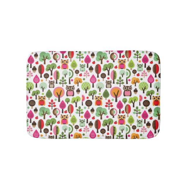 rosa Blattbaum Retro-Eulen-Muster Badematte (Vorderseite)