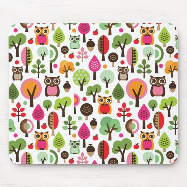 rosa Blattbaum Retro-Eulen-Muster Mousepad (Vorne)