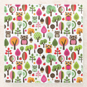 rosa Blattbaum Retro-Eulenmuster Glasuntersetzer