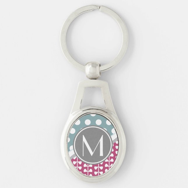 Rosa Blätter Dots Custom Monogram Oval Schlüsselan Schlüsselanhänger (Vorderseite)