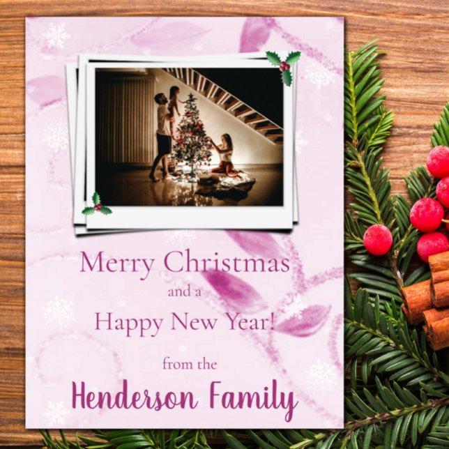 Rosa Blätter Flat Holiday Fotokarte Feiertagskarte (Pink Leaves Flat Holiday Photo Card)