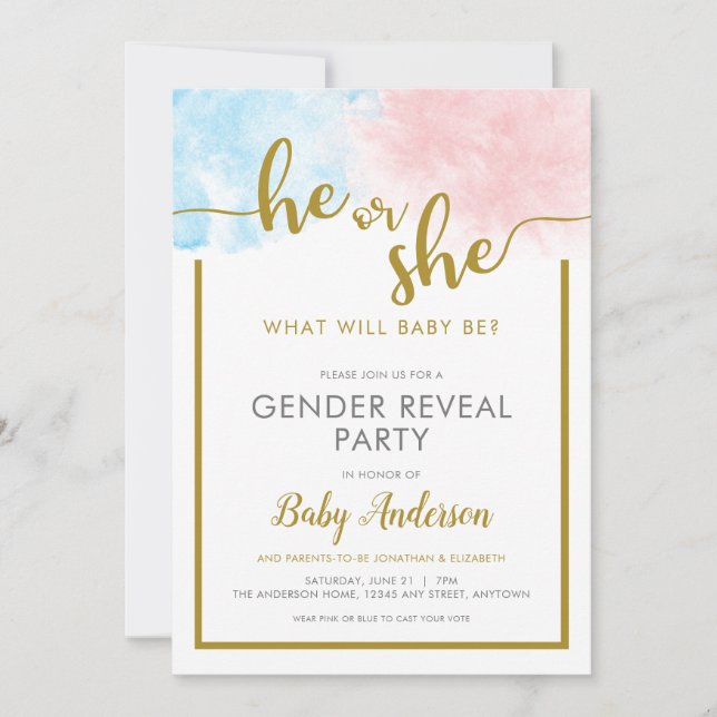 Rosa & Blau Aquarellfarben Gold-Script-Gender-Dars Einladung (Vorderseite)