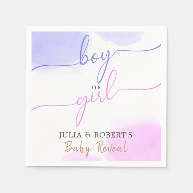 Rosa & Blau Aquarellfarben Gold-Script-Gender-Dars Serviette (Vorderseite)