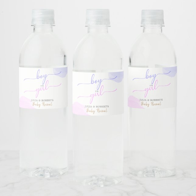 Rosa & Blau Aquarellfarben Gold-Script-Gender-Dars Wasserflaschenetikett (Flaschen)