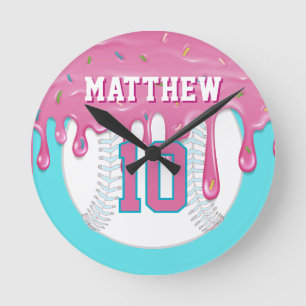 Rosa & Blau Baseball Drip Runde Wanduhr