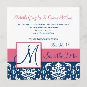 Rosa Blau Damast Monogramm Save-the-Date-Karte Save The Date