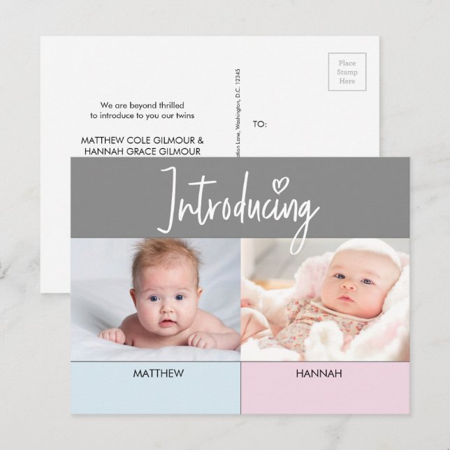 Rosa Blau Einführung in Script Twins Junge und Mäd Ankündigungspostkarte (Vorne/Hinten)