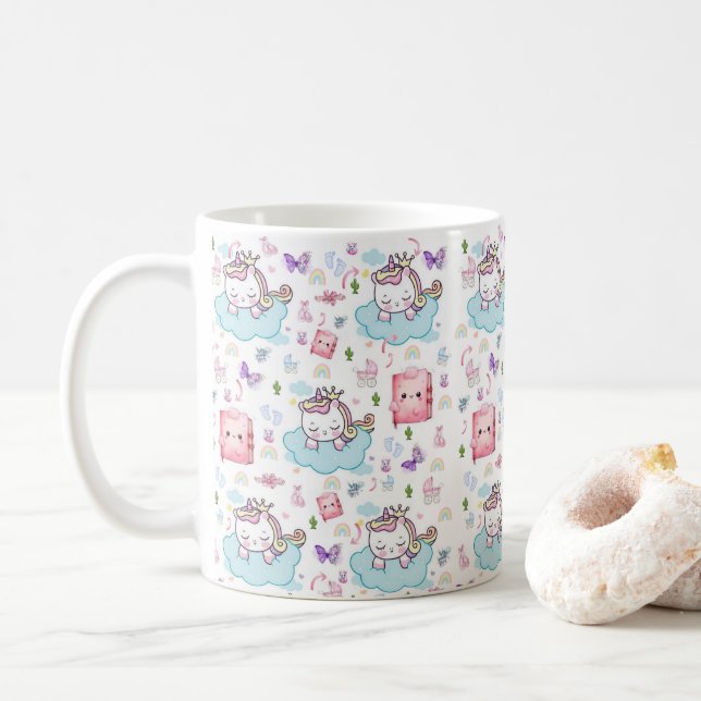 Rosa Blau Einhorn Katze Regenbogen Tasse (Mit Donut)