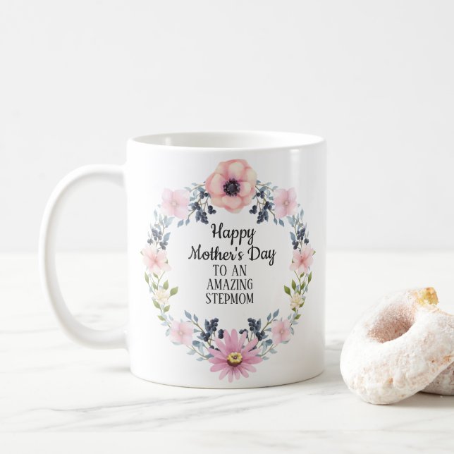 Rosa Blau florale glückliche Mutter Day-Stepmutter Kaffeetasse (Mit Donut)