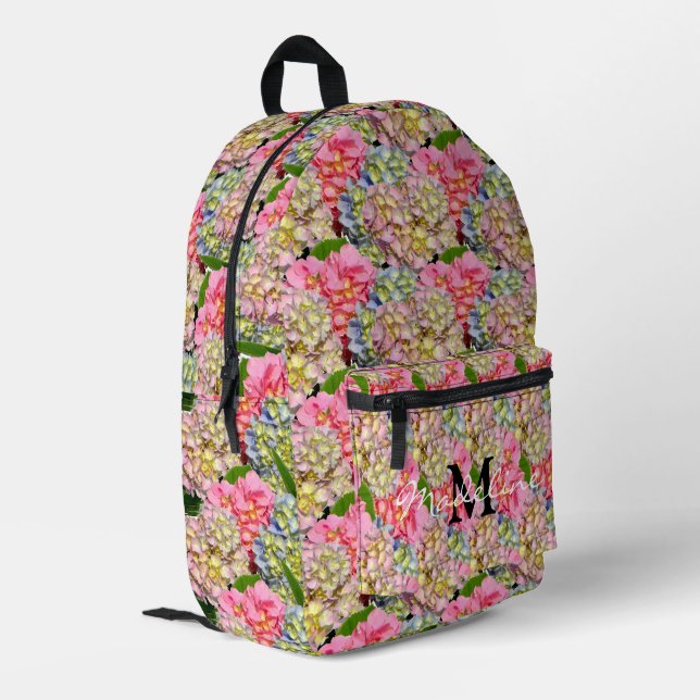 Rosa, blau-gelb-grüne Blumenhydrangeen Bedruckter Rucksack (Rückseitige Ecke links)