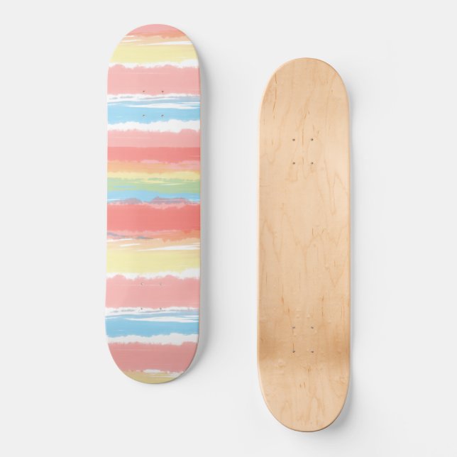 Rosa Blau Gelb Weiße Streifen Skateboard (Vorderseite)