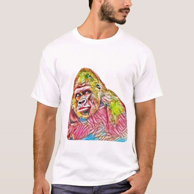 Rosa Blau-Gelbe Gorilla-Malerei T-Shirt (Vorderseite)