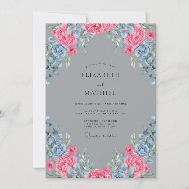 Rosa Blau Gemalte Hochzeit Einladung (Vorderseite)