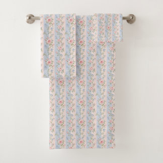 Rosa Blau Gestreifte Blumenrosen Grandmillennial Badhandtuch Set