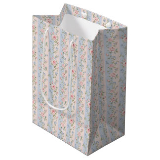 Rosa Blau Gestreifte Blumenrosen Grandmillennial Mittlere Geschenktüte