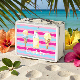 Rosa Blau gestreifte Eiscreme-Lunchbox Metall Brotdose