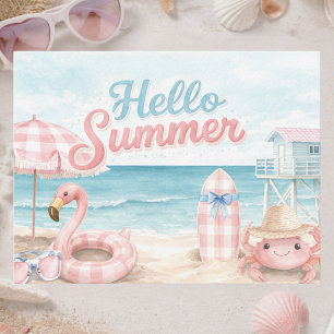 Rosa Blau Gingham Hallo Sommer Strand Küste Postkarte
