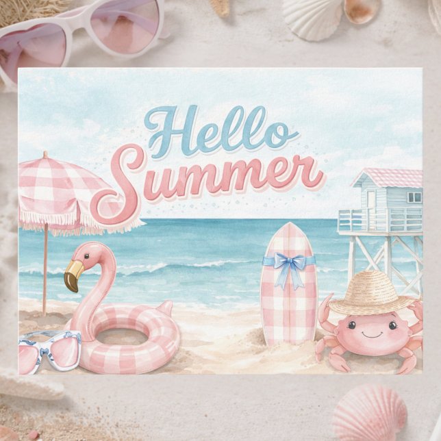 Rosa Blau Gingham Hallo Sommer Strand Küste Postkarte (Von Creator hochgeladen)