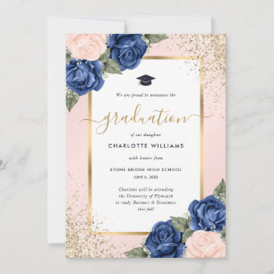 Rosa Blau Gold Floral Moderne Abschlussfeier Ankündigung