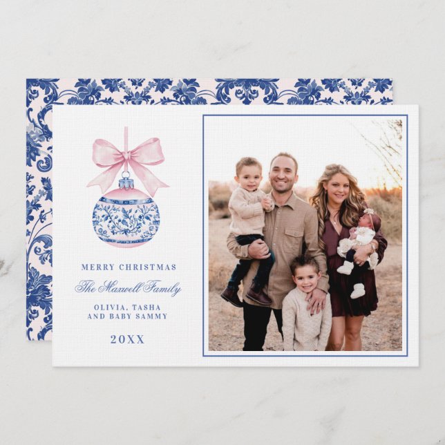 Rosa & Blau Grandmillennial Damask Foto Einladung (Vorne/Hinten)