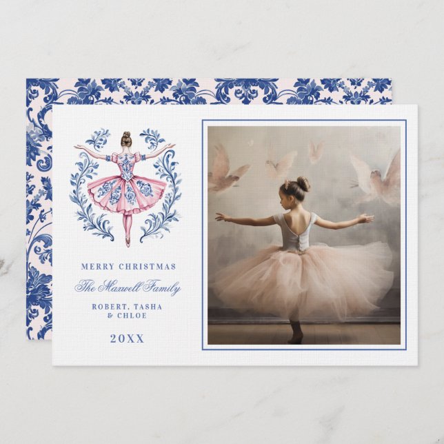 Rosa & Blau Grandmillennial Damask Foto Einladung (Vorne/Hinten)