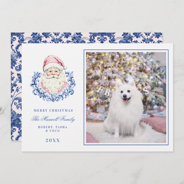 Rosa & Blau Grandmillennial Damask Santa W/Foto Einladung (Vorne/Hinten)