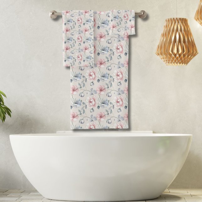 Rosa Blau Grau Mute Pastel Florals Shabby Chic Badhandtuch Set (Shabby Chic Pink Blue Gray floral bath towel set. Bath towel, hand towel, wash cloth)
