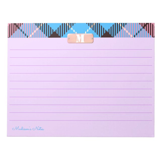 Rosa Blau Karierte Monogramm Bright Lilac Linse Notizblock (Vorderseite)