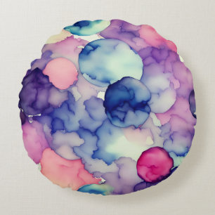 Rosa Blau Lila Aquarellfarbe Fusion Rundes Kissen
