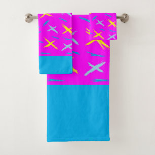 Rosa blau mit Kreuzen in Gelb und Blau Badhandtuch Set