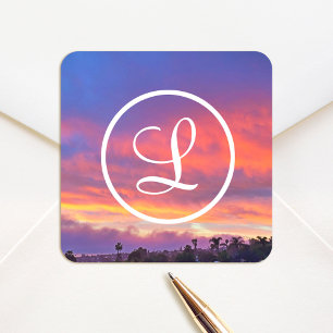 Rosa blau orange Sonnenuntergang Foto Monogramm Sc Quadratischer Aufkleber