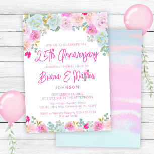 Rosa Blau Pfirsich Floral 25. Hochzeitstag Einladung