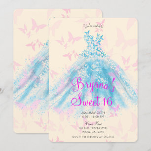 Rosa & Blau Schmetterling Tanzkleid Sweet 16 Party Einladung