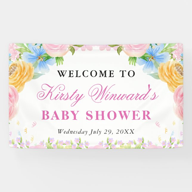 Rosa, Blau und Gelb Sommerdusche Blume Baby Dusche Banner (Horizontal)