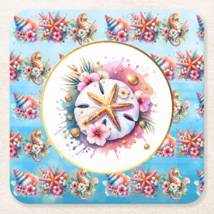 Rosa, Blau und Gold Küsten Sanddollar Strandlebend Rechteckiger Pappuntersetzer