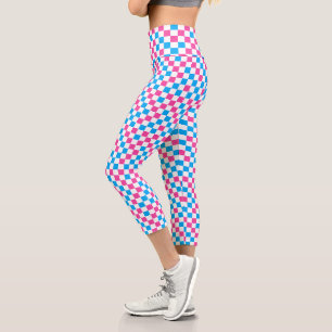 Rosa Blau und Weiß kariertes Muster Capri Leggings