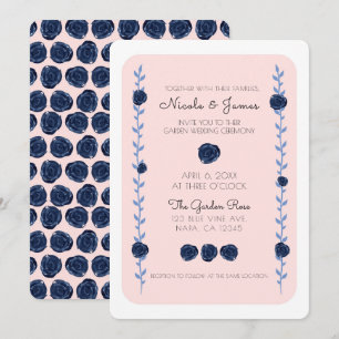 Rosa Blaue Aquarell-Rosenranken Cottage-Hochzeit Einladung