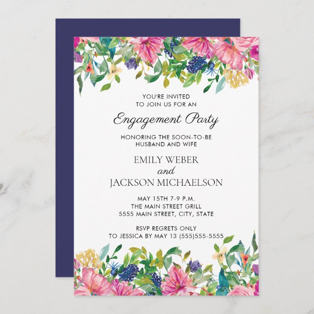 Rosa blaue Aquarellfarben Verlobung (Vorne/Hinten)