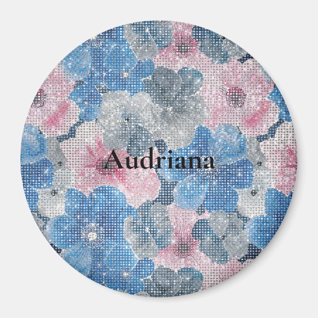 Rosa blaue Blumen funkeln Magnet (Vorne)