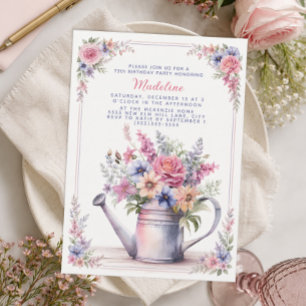 Rosa blaue Blumen-Gießkanne 75. Geburtstag Einladung