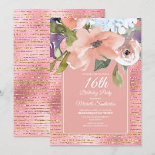 Rosa blaue Blumen Gold Glitter Mädchen 16. Geburts Karte