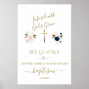 Rosa blaue Blumen Gold Zwillings-Taufbegrüßungssch Poster