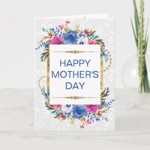 Rosa blaue Blumen & goldener Glitter Muttertag Karte