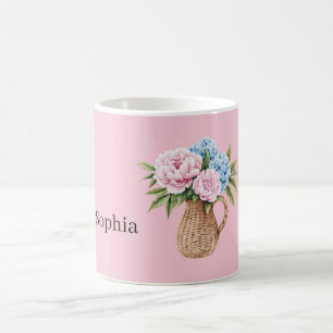 Rosa blaue Blumen Korb geflochten Kaffeetasse