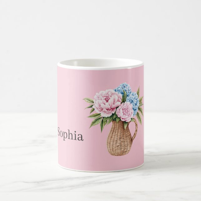 Rosa blaue Blumen Korb geflochten Kaffeetasse (Mittel)