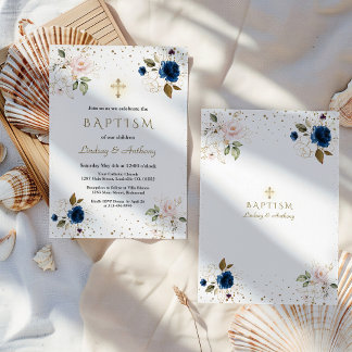 Rosa blaue Blütenblume Gold Cross Twins Taufe Einladung