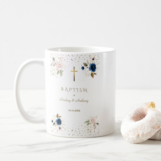 Rosa blaue Blütenblume Gold Cross Twins Taufe Kaffeetasse (Mit Donut)